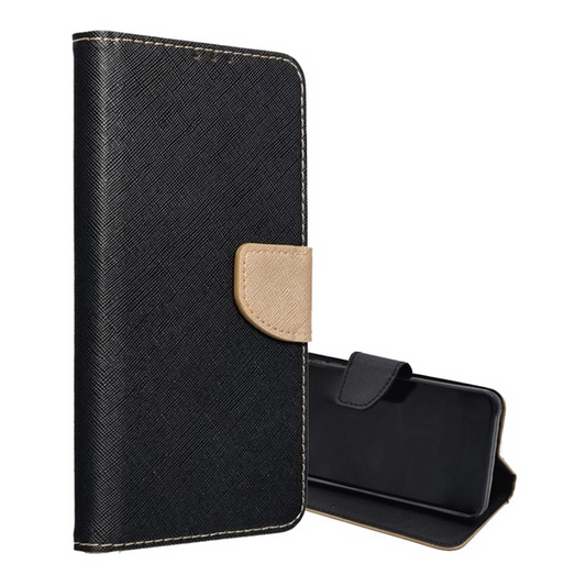Калъф за мобилен телефон Gigapack, стоящ, кожен ефект, флип, странично отваряне, държач за бюро, джоб за карти, текстилен ефект, черно/златист, съвместим с: Samsung Galaxy S25 Ultra, SM-S938 (GP-165269)-0